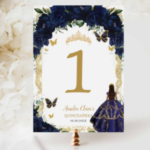 Quinceanera XV Navy Blau Floral Gold Beige Mädchen Tischnummer