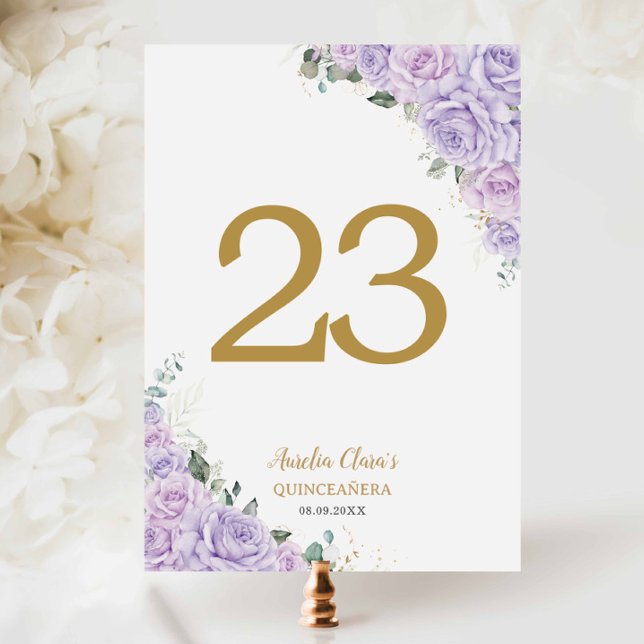Quinceanera XV Purple Lilac Roses Floral Gold Tischnummer (Von Creator hochgeladen)