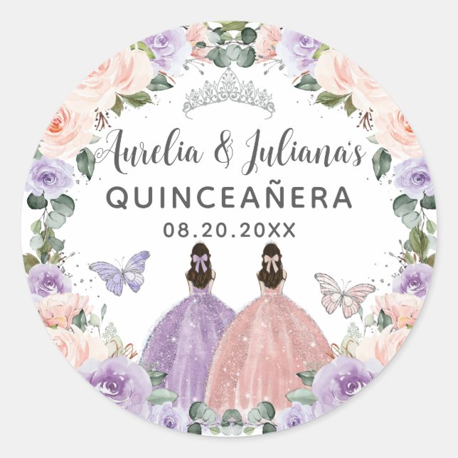 Quinceañera XV Sweet 16 Lilac Blush Floral Twins Runder Aufkleber (Vorderseite)