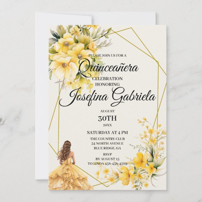 Quinceañera Yellow Gold Invitation Einladung (Vorderseite)