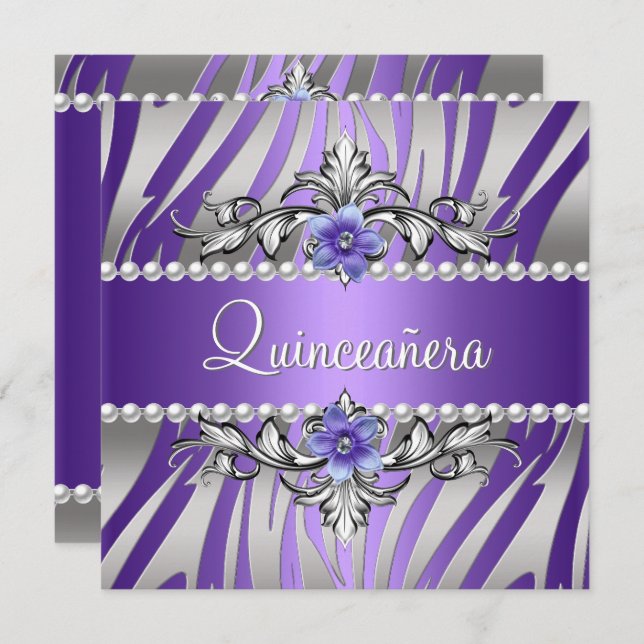 Quinceañera Zebra Lila Pearl Silver Einladung (Vorne/Hinten)