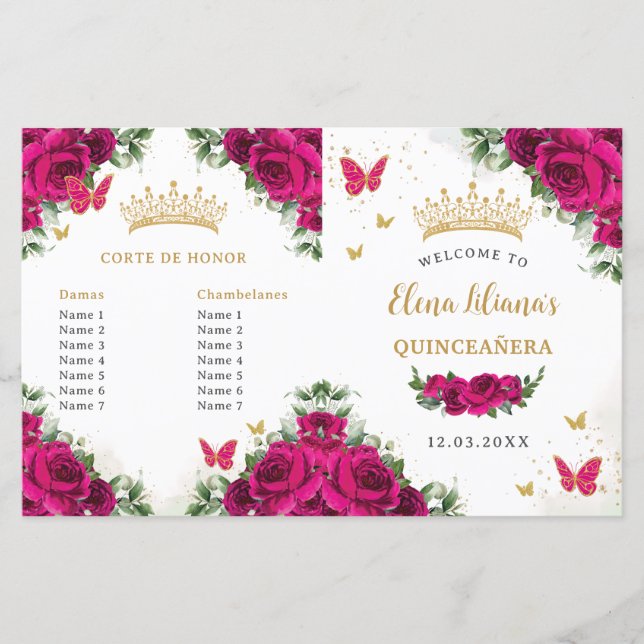 Quinceñera 15 Fuchsia Pink Floral Gold Programm (Vorderseite)