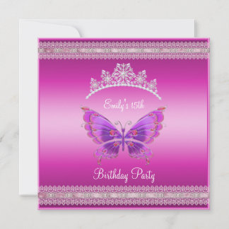Quincenera 15. Fushia Pink Silver Tiara Butterfly Einladung