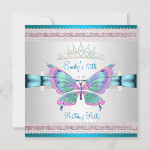 Quincenera 15. Weiß Teal Blau Pink Schmetterling Einladung