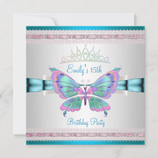 Quincenera 15. Weiße Aquamarine Blauer Rosa Schmet Einladung