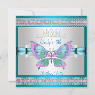 Quincenera 15. Weiße Aquamarine Blauer Rosa Schmet Einladung
