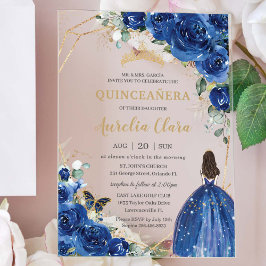 Quinceñera 16 Royal Blue Floral Gold Schmetterling Acryleinladungen