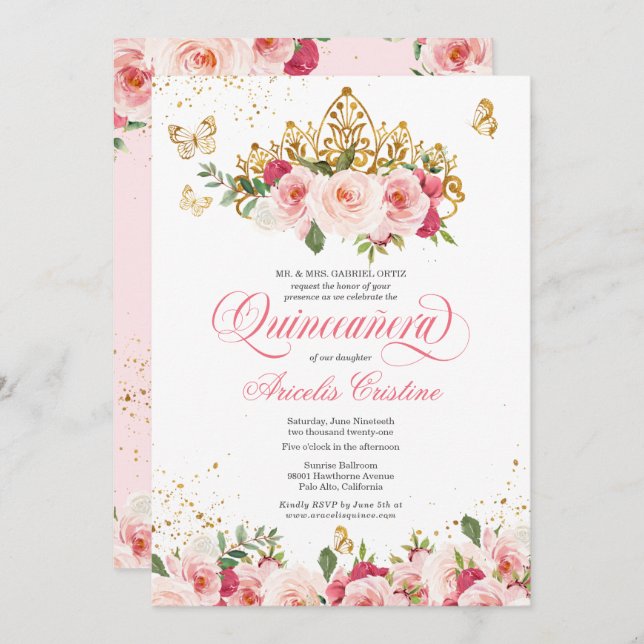 Quinceñera Butterfly & Blush Pink Aquarell Rose Einladung (Vorne/Hinten)