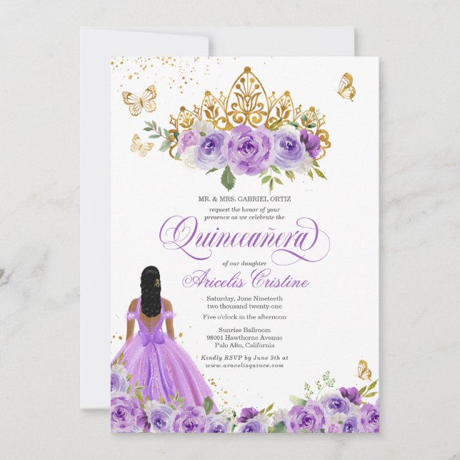 Quinceñera Butterfly & Lila Aquarellfarben Blume Einladung (Vorderseite)