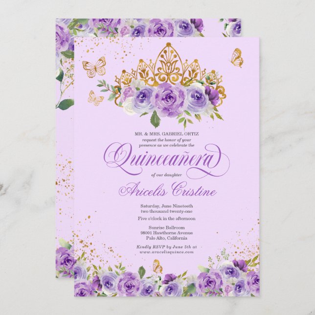 Quinceñera Butterfly & Lila Aquarellfarben Blume Einladung (Vorne/Hinten)