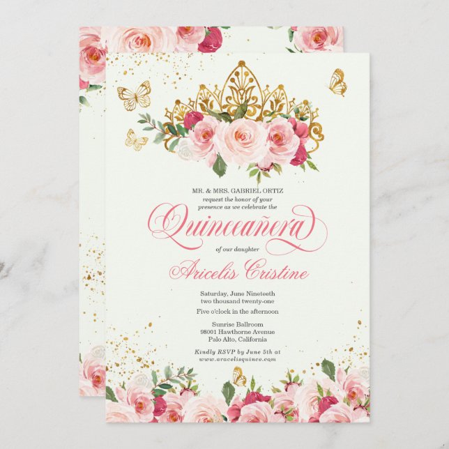 Quinceñera Butterfly Mint & Pink Aquarell Rose Einladung (Vorne/Hinten)