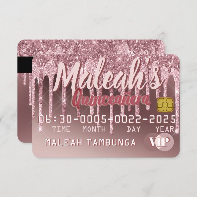 Quinceñera Dunkle Rose Gold & Pink Glitzer Tropfen Einladung (Vorne/Hinten)