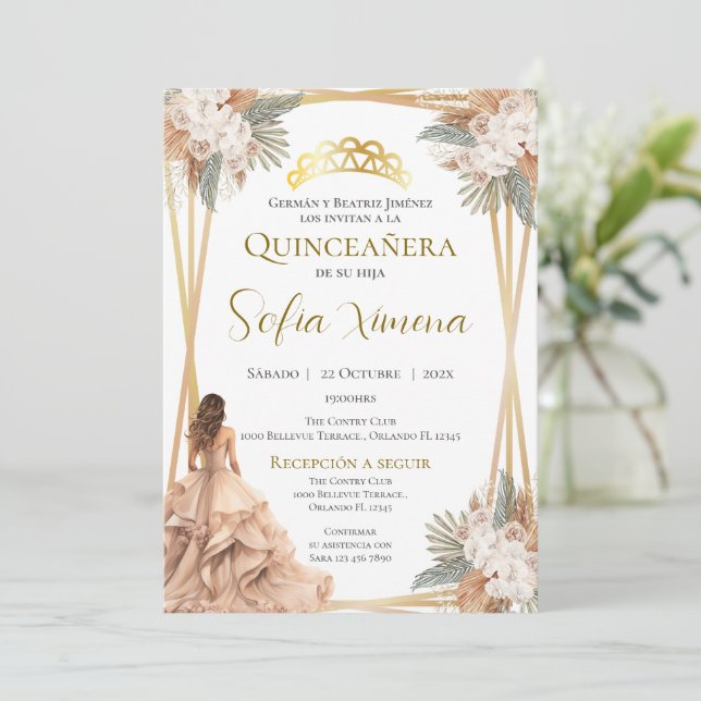 Quincenera Einladung in Spanisch Boho (Stehend Vorderseite)