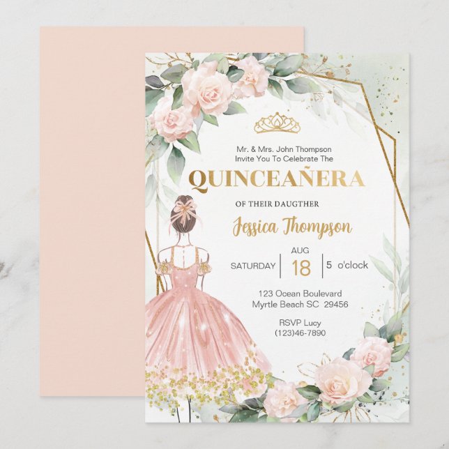 Quinceñera Elegante Rosa Rosa Gold Flora Einladung (Vorne/Hinten)