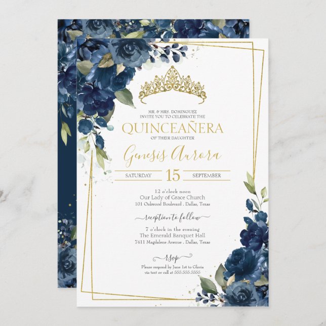 Quinceñera Navy Blue Elegante Wasserfarben Einladung (Vorne/Hinten)