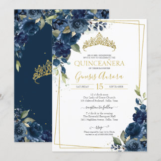 Quinceñera Navy Blue Elegante Wasserfarben Einladung