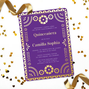 Quinceñera Papel Picado Lila Gold Folieneinladung