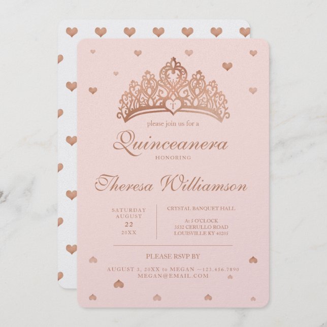 Quinceñera Princess Crown & Heart Rose Gold Einladung (Vorne/Hinten)
