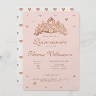 Quinceñera Princess Crown & Heart Rose Gold Einladung