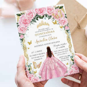 Quinceñera Princess Pink Rose Vintages Gold Einladung