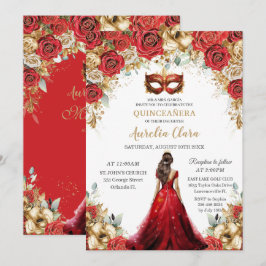 Quinceñera Red Gold Rose Blumenmasquerade Ball Einladung