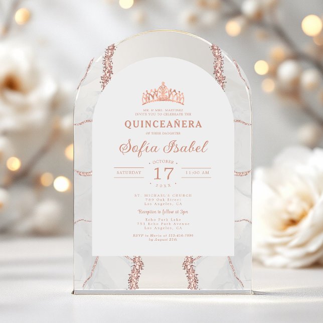 Quinceñera Rose Gold Weißes Tor Elegante Acryleinladungen (Von Creator hochgeladen)
