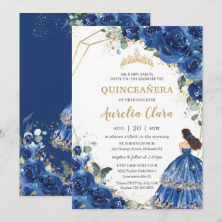 Quinceñera Royal Blue Floral Prinzessin 15 Años Einladung