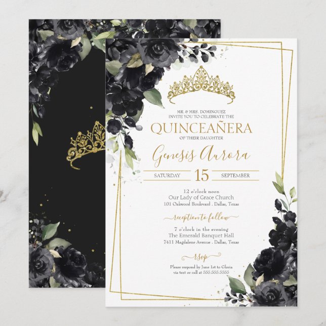 Quinceñera Schwarz & Gold Elegante Watercolor Einladung (Vorne/Hinten)