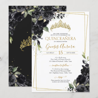 Quinceñera Schwarz & Gold Elegante Watercolor Einladung