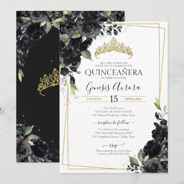 Quinceñera Schwarz & Gold Elegante Watercolor Einladung (Vorne/Hinten)