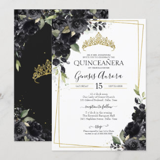 Quinceñera Schwarz & Gold Elegante Watercolor Einladung