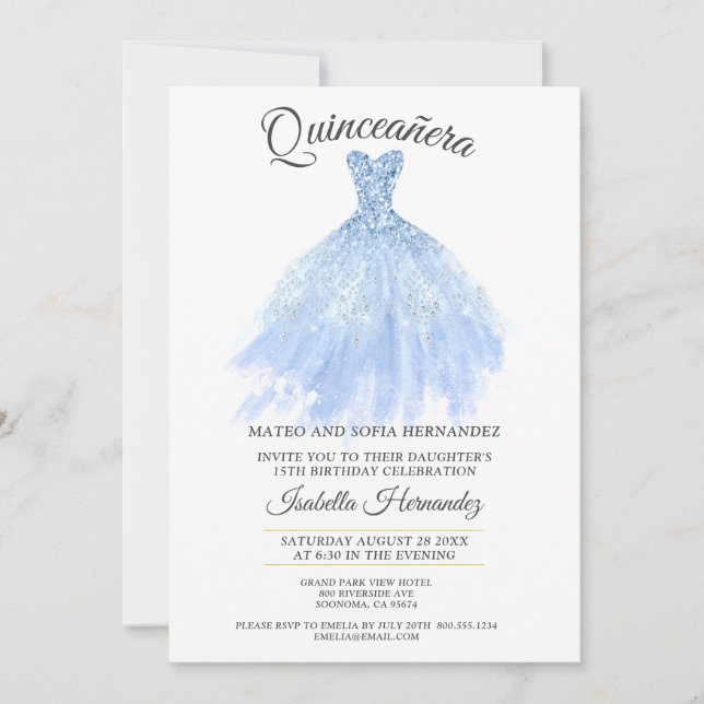Quineanera Gold Glitzer Blue Gown Party Einladung (Vorderseite)