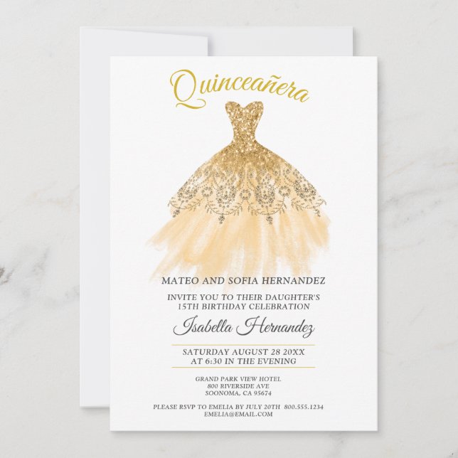 Quineanera Gold Glitzer Lace Party Einladung (Vorderseite)