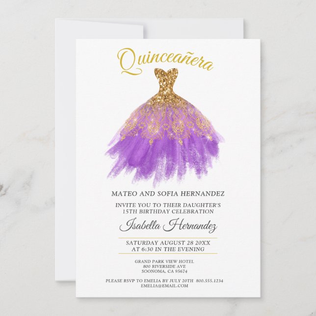 Quineanera Gold Glitzer Lila Party Einladung (Vorderseite)