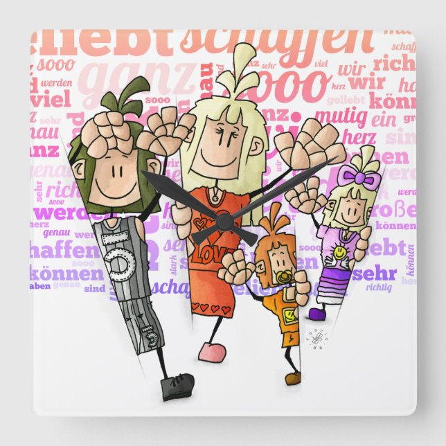 Quinn, Rona, Tida & Ugo - Geschwister / Quadratische Wanduhr (Vorderseite)