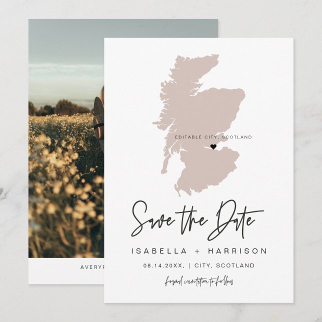 QUINN SCOTLAND Blush Pink Map Foto Save the Date Einladung (Vorne/Hinten)
