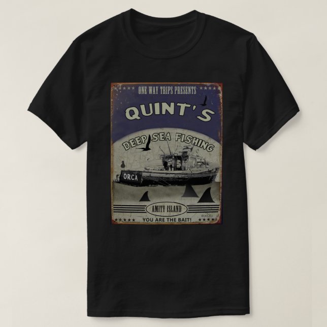 Quint&x27;s Haifischfischen (One Way Trips) Aufkle T-Shirt (Design vorne)