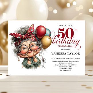 Quirky 50th birthday lady fun playful invitation einladung