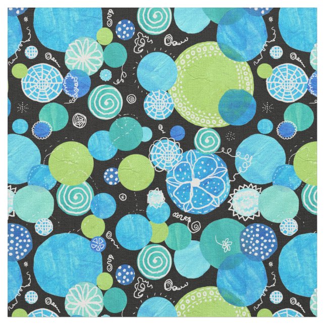 Quirky Abstrakt Blue Green Black Circles Fabric Stoff (Nahaufnahme)