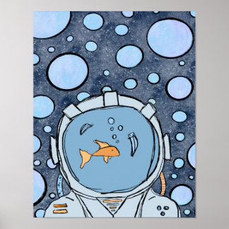 Quirky, Abstrakter Fischastronaut in Weltraumposte Poster