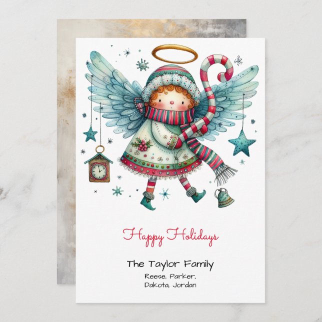 Quirky Angel Illustration Happy Holidays Feiertagskarte (Vorne/Hinten)