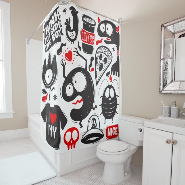 Quirky Black and Red Monster Doodles Duschvorhang (Beispiel)