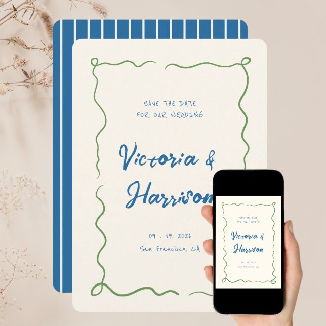 Quirky Blue Hand gezogen Wavy Squiggle Border Save The Date (Von Creator hochgeladen)