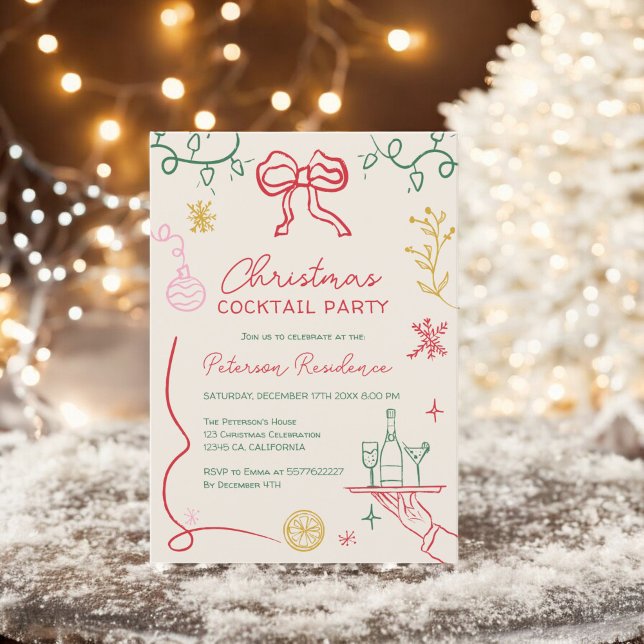 Quirky boho grüne Illustration Weihnachtscocktail Einladung (Quirky boho green illustration Christmas Cocktail Invitation)