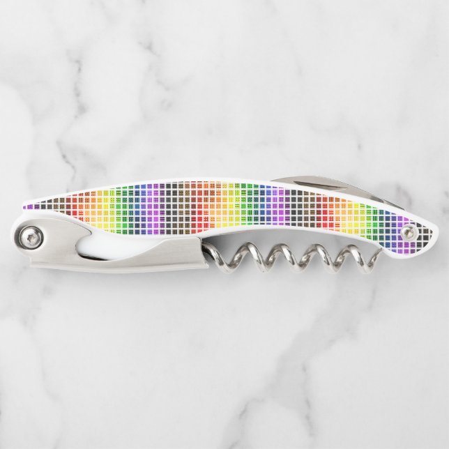 Quirky Boho Karierte farbenfrohe Gay Rainbow Prila Kellnermesser (Vorderseite)