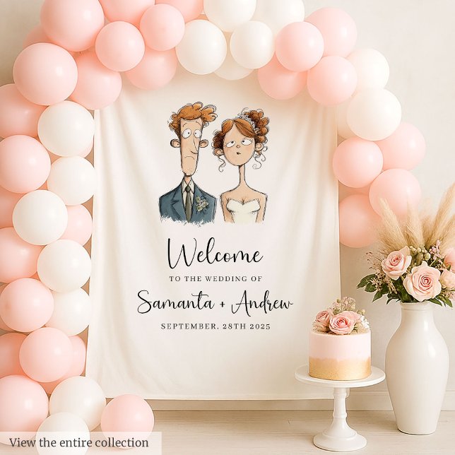 Quirky Bride und Groom Weddrop Wasserfarbe Wandteppich (Quirky Bride and Groom Wedding Backdrop Watercolor)