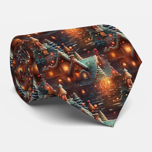 Quirky Brown and Blue Gingerbread House Pattern Krawatte (Gerollt)