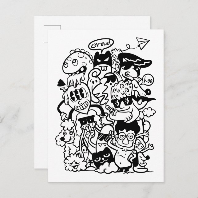 Quirky Cartoon Character Crowd Einladungspostkarte (Vorne/Hinten)