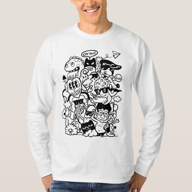 Quirky Cartoon Character Crowd T-Shirt (Vorderseite)