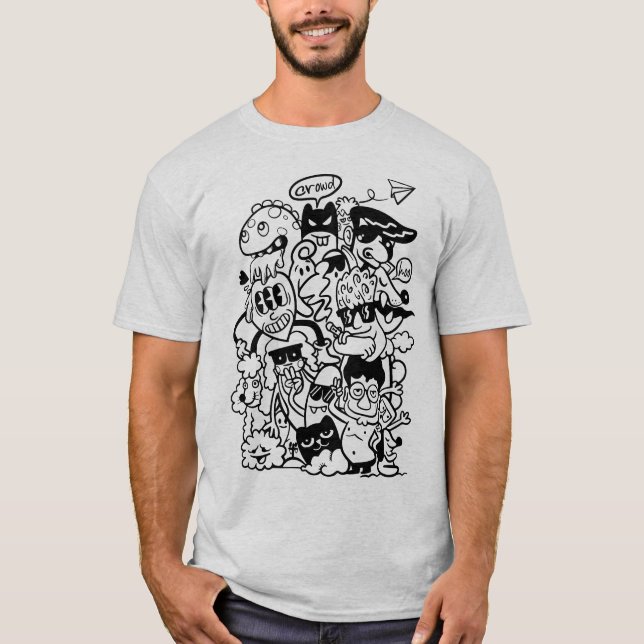Quirky Cartoon Character Crowd T-Shirt (Vorderseite)